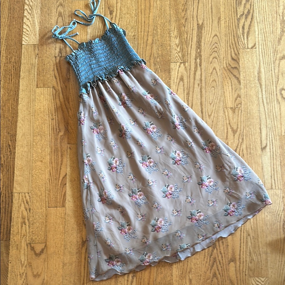 FANG Blue and Tan Floral Smocked Sundress Resort Wear, Size M